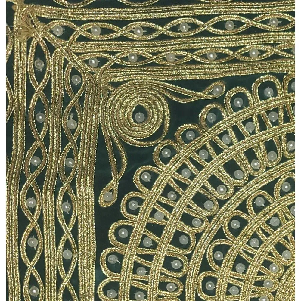 2 Vintage Gold Lame Scroll Faux Pearl Velvet Throw Pillow Zippered Covers 15'
